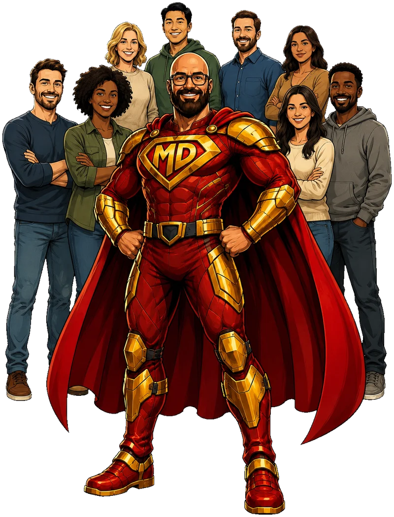 Mighty Dad, poings sur les hanches et cape rouge, entouré de huit parents souriants