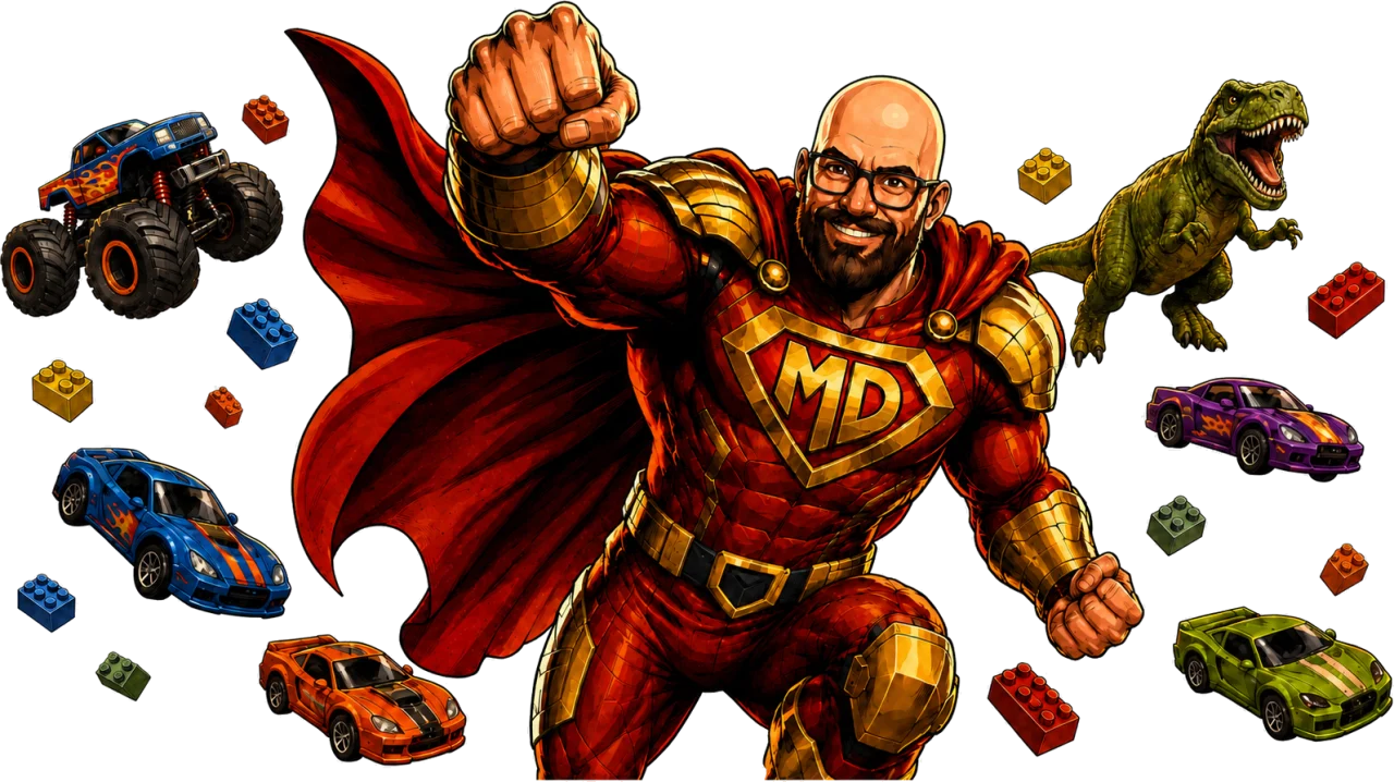 Mighty Dad fonce en avant, poing levé et cape au vent, entouré de jouets d'enfants : autos, briques et dinosaure