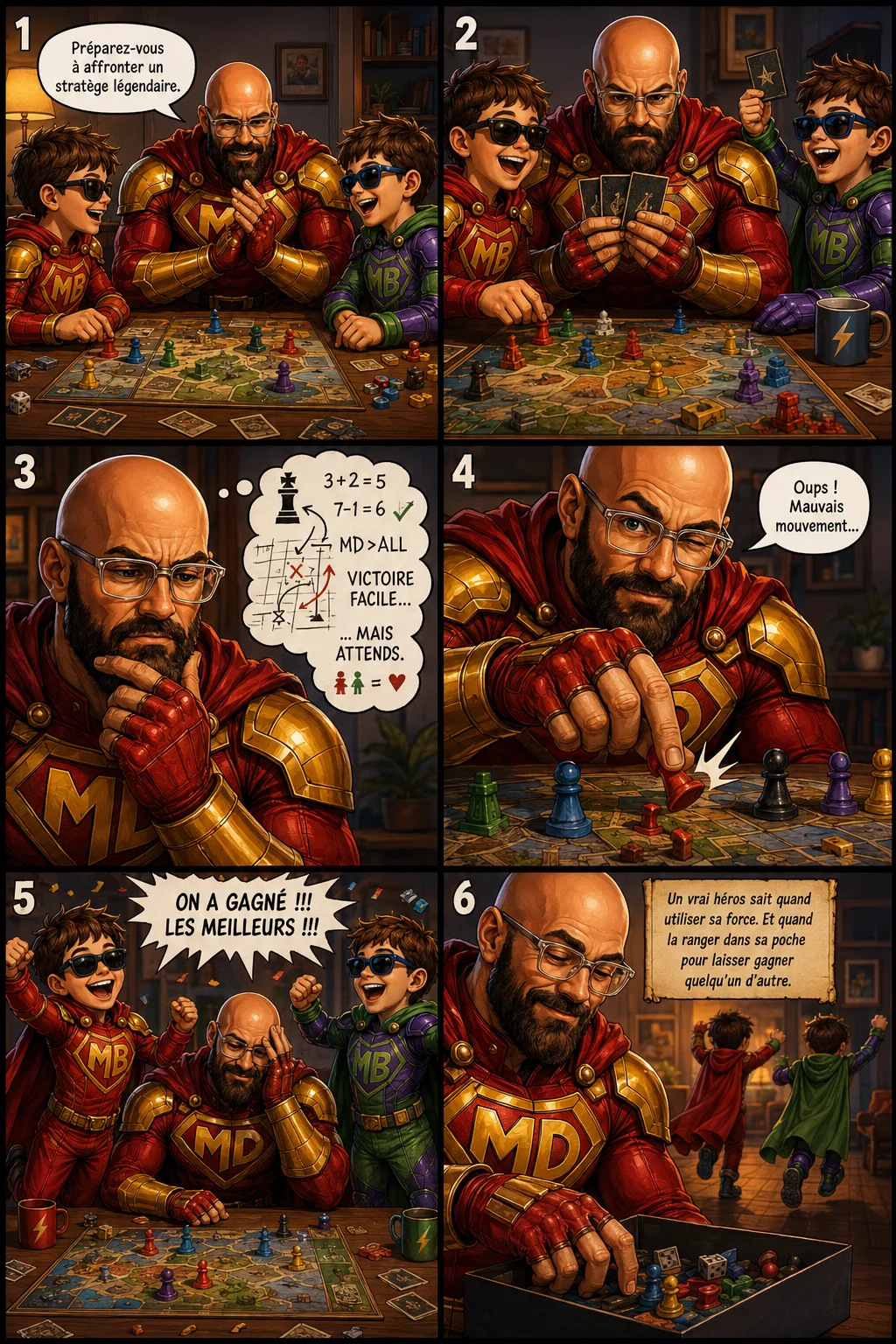 BD Mighty Dad — pendant une partie de jeu de société, Mighty Dad calcule une victoire assurée puis fait exprès un « mauvais mouvement » pour laisser gagner ses fils, fous de joie. Un vrai héros sait quand ranger sa force dans sa poche.