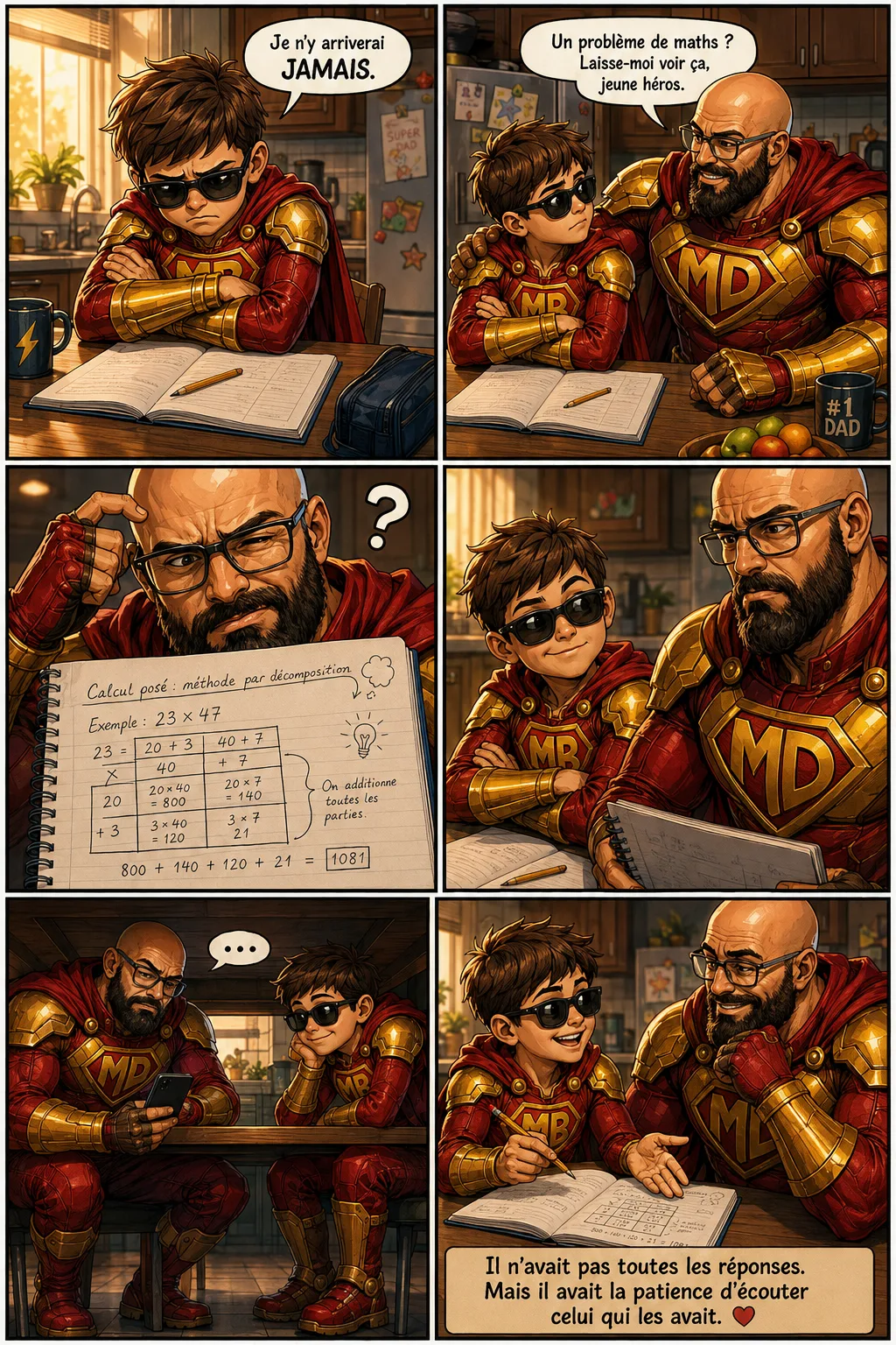BD Mighty Dad — face à un problème de maths qui bloque son fils, Mighty Dad, dépassé, jette discrètement un œil à son téléphone, puis l'aide avec patience jusqu'au déclic. Il n'avait pas toutes les réponses, mais la patience d'écouter celui qui les avait.