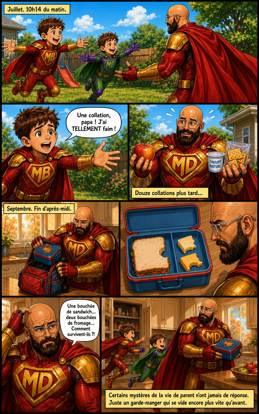 BD Mighty Dad — Mighty Dad, perplexe, découvre une boîte à lunch à peine entamée : une bouchée de sandwich, deux de fromage.
