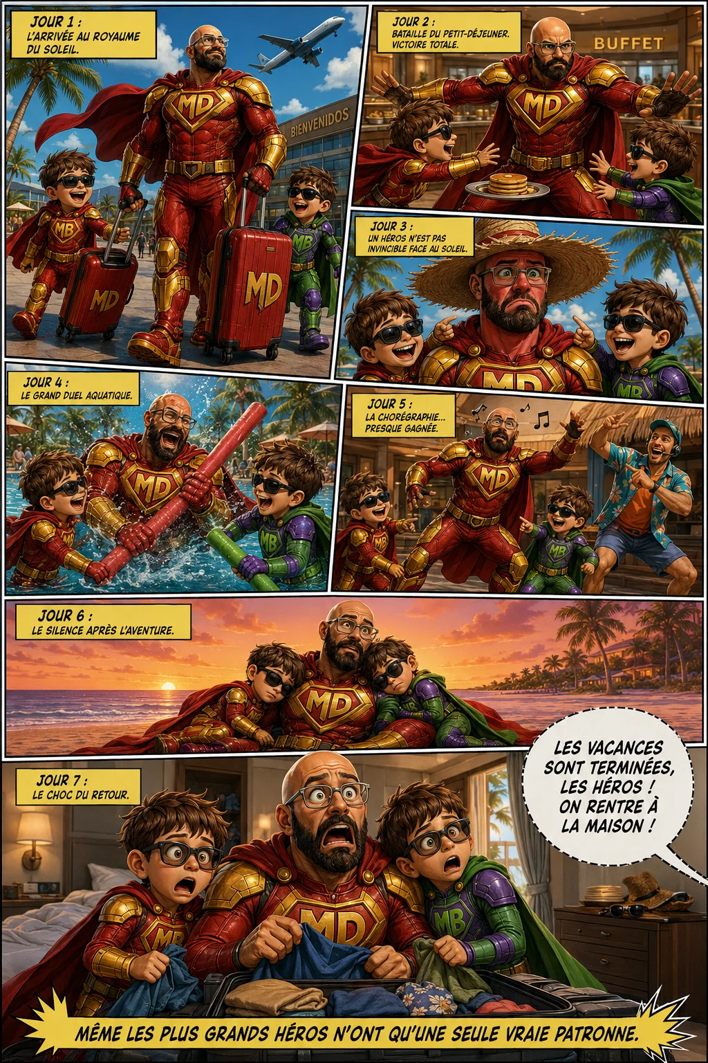 BD Mighty Dad — récapitulatif des sept jours de vacances qui se termine par la voix de maman : « Les vacances sont terminées, on rentre ! » Même les plus grands héros n'ont qu'une seule vraie patronne.